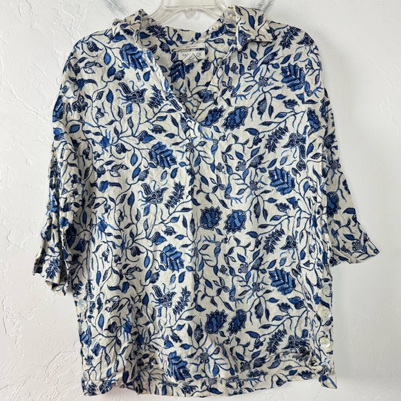 Rachel Zoe Blouse Popover Knit Top‎ Shirt Paisley Floral Cream Tan Blue Linen - Picture 1 of 7